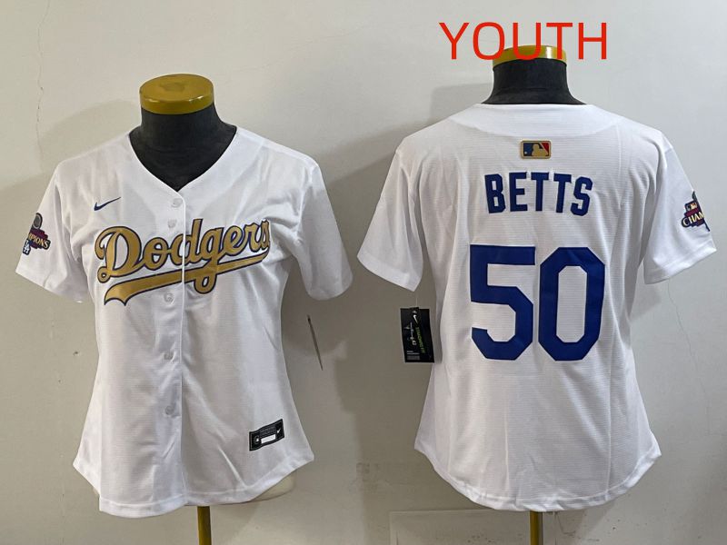 Youth Los Angeles Dodgers #50 Betts White Champion edition Nike MLB Jersey style 001